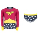 Conjunto Camiseta Manga Longa Proteção Solar UV e Sunkini Liga da Justiça Mulher-Maravilha Infantil - Foto 1