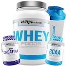 Kit Whey Protein BRN Foods Morango - 900g + BCAA 100g + Creatina 100g + Coqueteleira - Foto 1