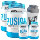 Kit BRN Foods 2x Whey Protein Fusion 900g Baunilha + BCAA 100g + Creatina 100g + Coqueteleira - Foto 1