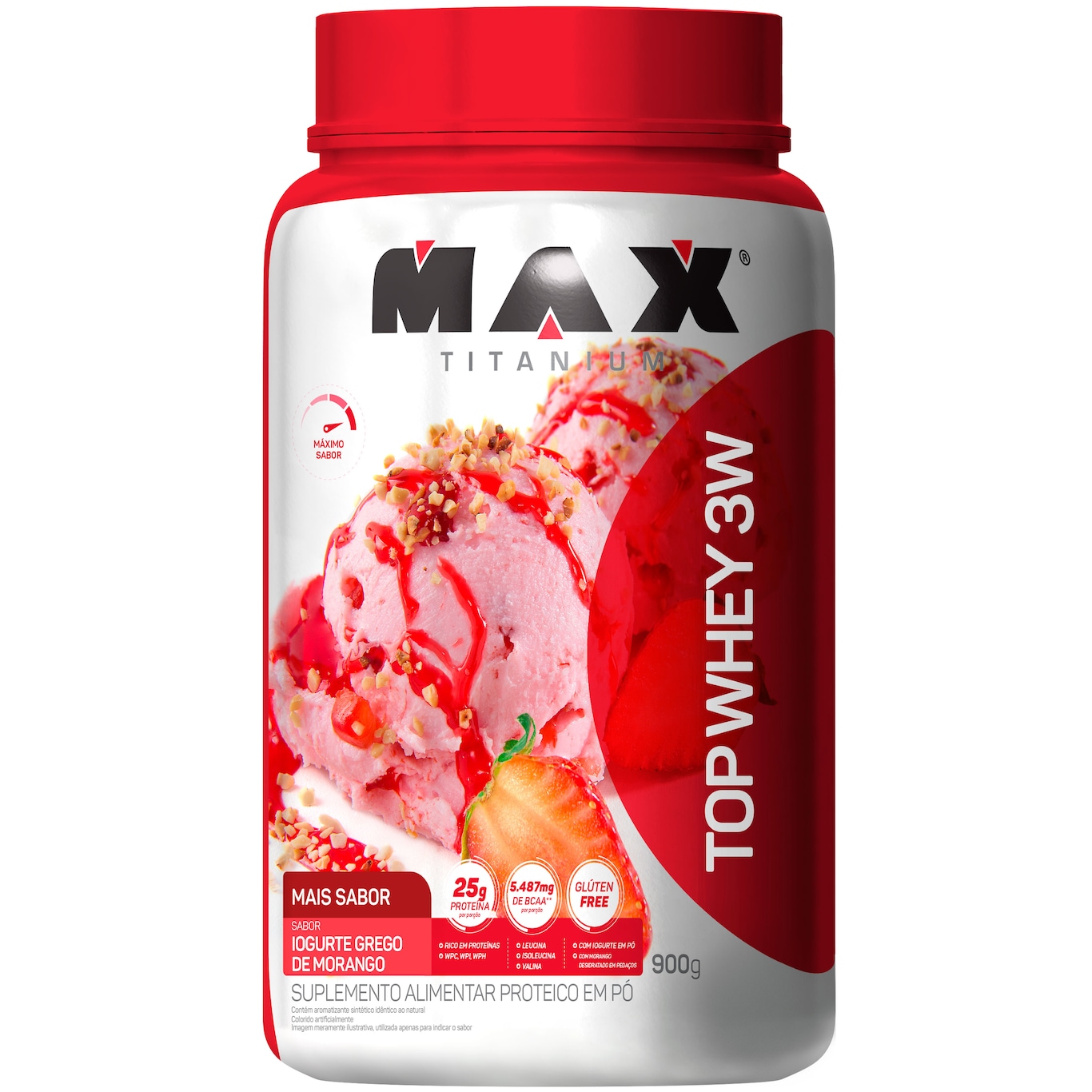 Whey Protein Max Titanium Iogurte Grego de Morango Top 3W Mais Sabor - 900g - Foto 1