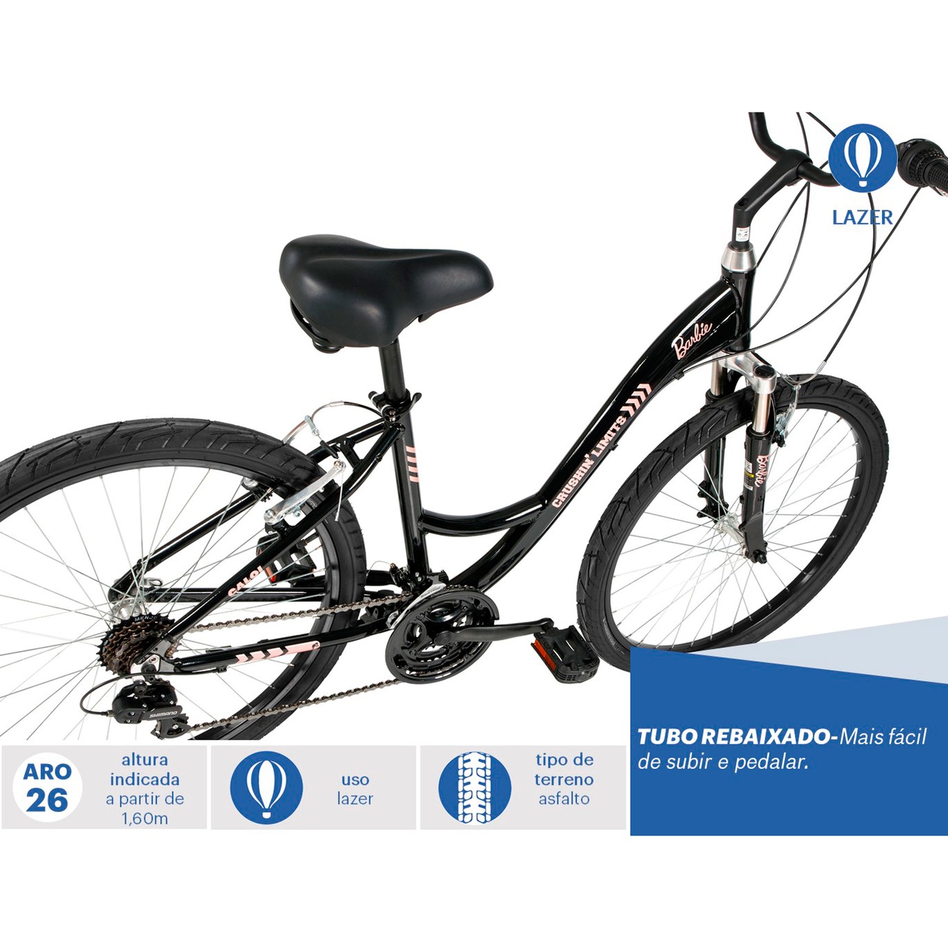 Bicicleta Caloi Barbie - Aro 26 - Freio V-Brake - Câmbio Shimano - 21  Marchas - Feminina