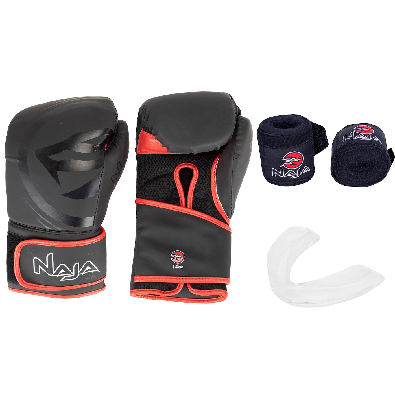 Kit de Boxe Naja: Bandagem + Protetor Bucal + Luvas de Boxe Black - 14 OZ - Adulto - Foto 1