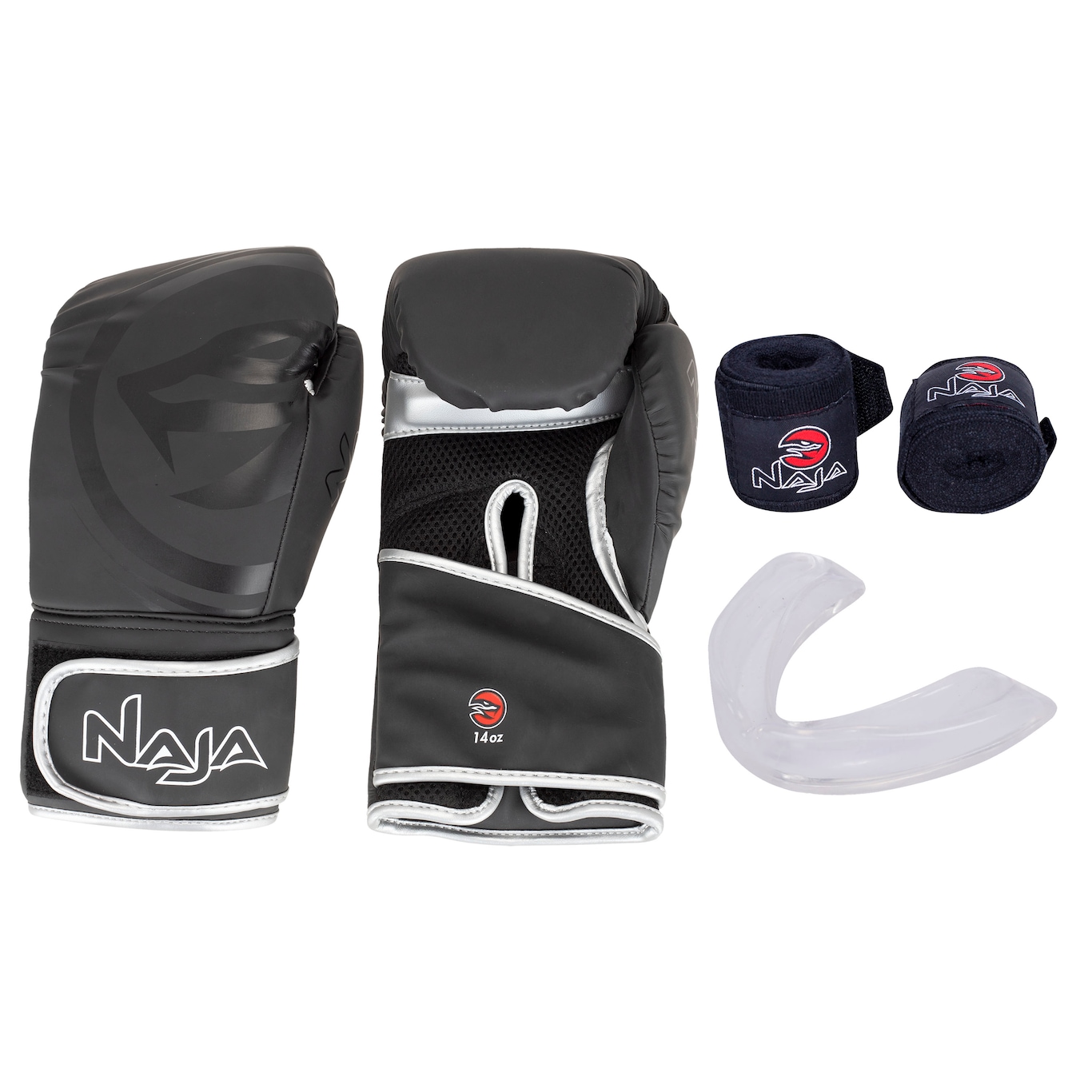 Kit de Boxe Naja: Bandagem + Protetor Bucal + Luvas de Boxe Black - 14 OZ - Adulto - Foto 1