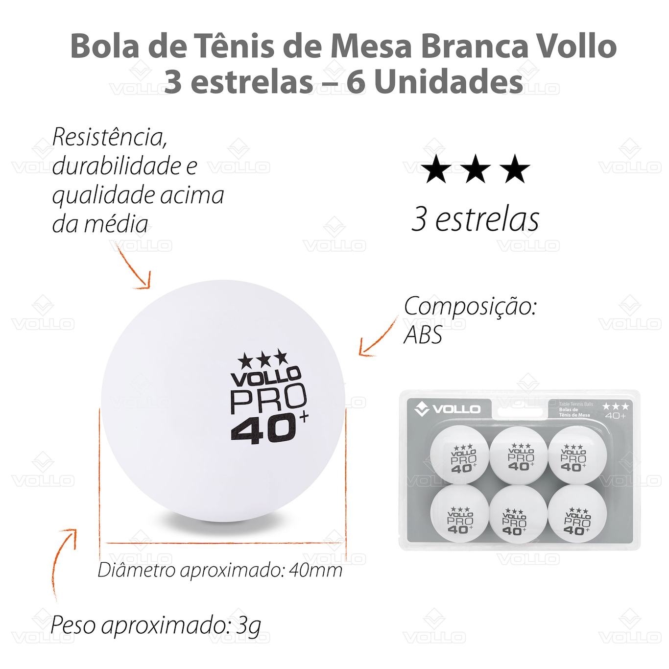 Kit de Bolas Vollo para Tênis de Mesa 3 Estrelas com 6 unidades - Foto 4