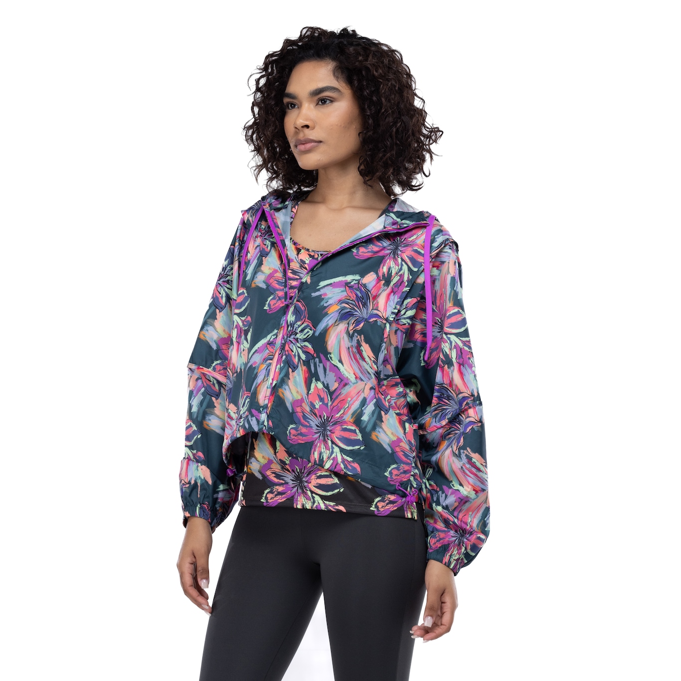 Jaqueta Corta-Vento Feminina Oxer com Capuz Ever Maxi Floral II Packable Repelente à Água - Video 1