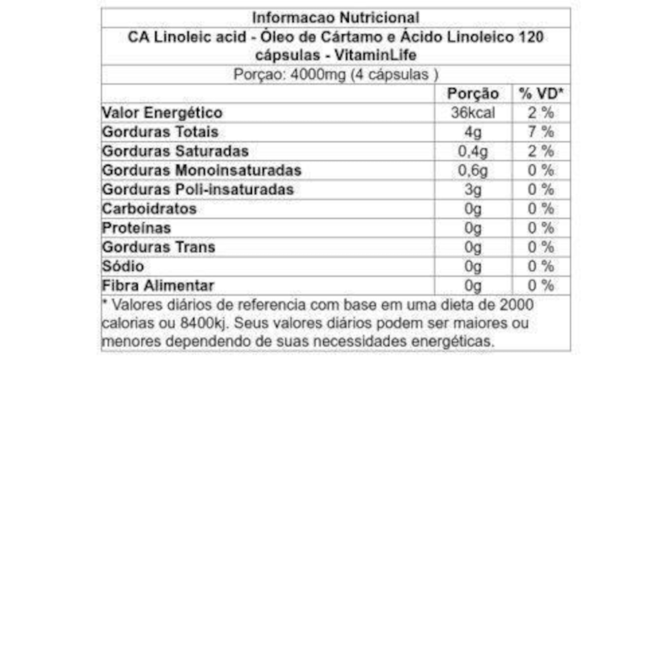 Óleo De Cartamo e  Ácido Linoleico VitaminLife CA Linoleic Acid 1000mg - 120 Cápsulas - Foto 2