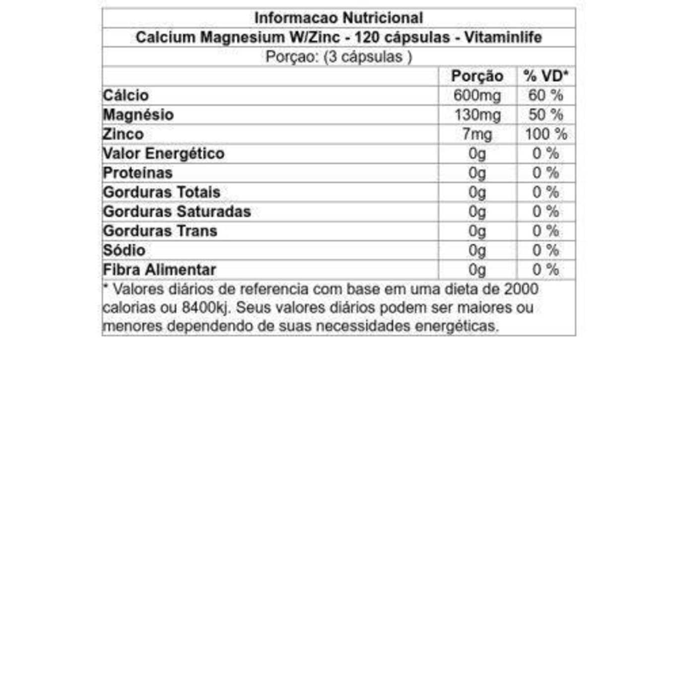 Suplemento Mineral  Vitaminlife Calcium Magnesium W/Zinc - 120 Cápsulas - Foto 2