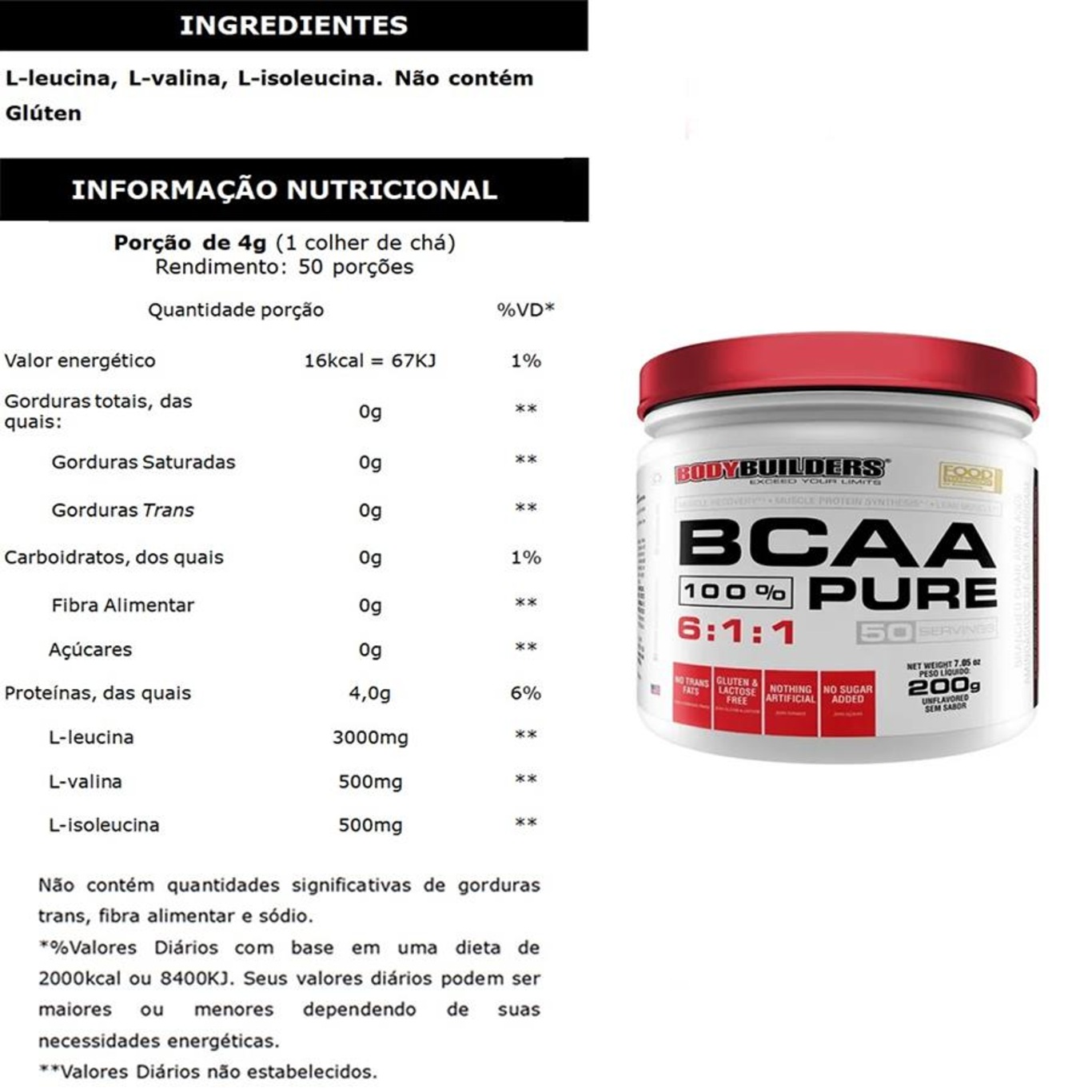 BCAA 6:1:1 Bodybuilders 100% Puro - 200g - Foto 2