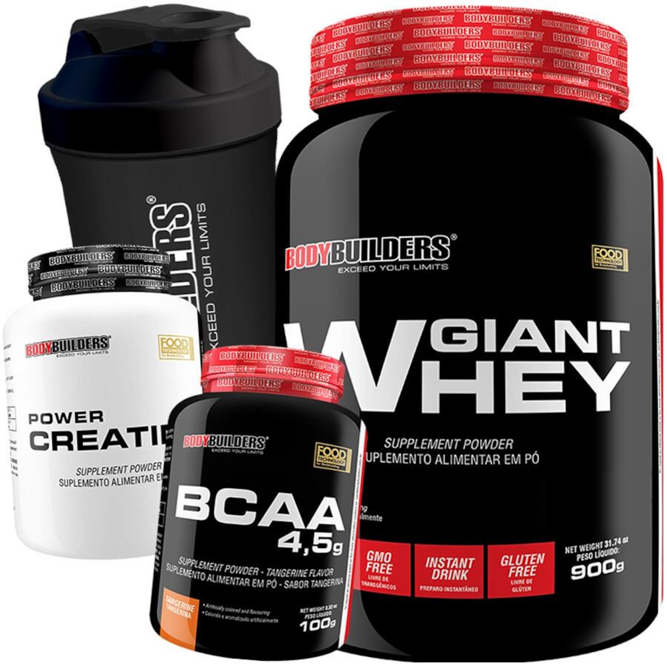 Kit Giant Whey Bodybuilders  - Morango - 900g  + BCAA + Creatina 100g + Coqueteleira - Foto 1