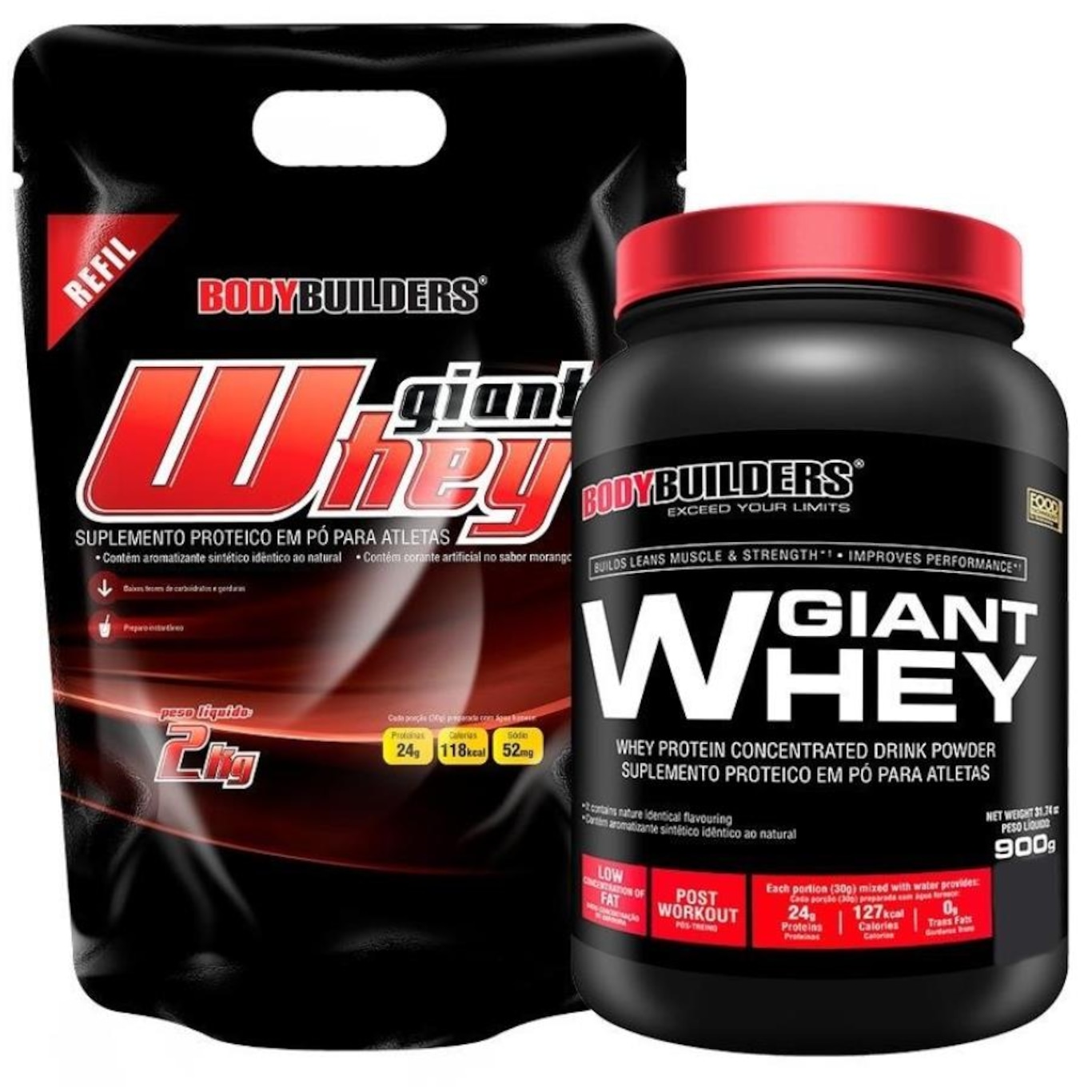 Kit Giant Whey Bodybuilders Protein - Chocolate - Refil - 2Kg + Giant Whey Protein - Chocolate - 900g - Foto 1