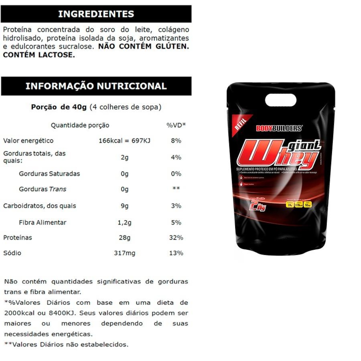 Kit Giant Whey Bodybuilders Protein - Chocolate - Refil - 2Kg + Giant Whey Protein - Chocolate - 900g - Foto 2