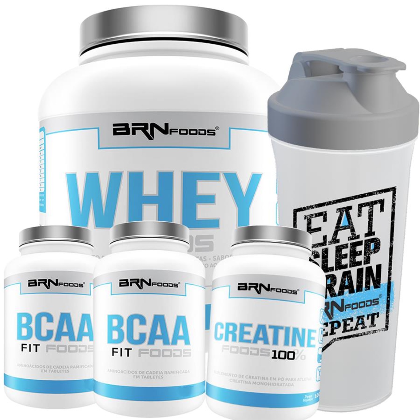 Kit Whey Protein BRN Foods Baunilha - 2kg  + 2x BCAA 100g + Creatina 100g + Coqueteleira - Foto 1