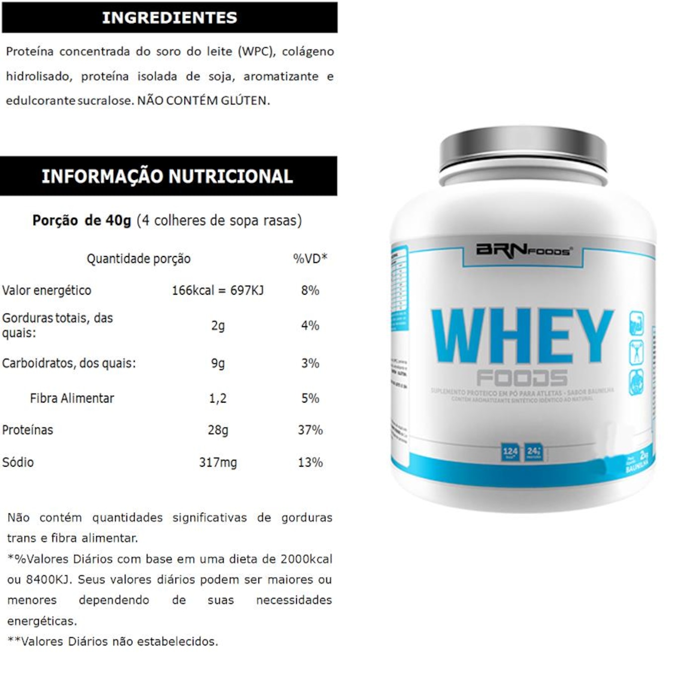 Kit Whey Protein BRN Foods Baunilha - 2kg  + 2x BCAA 100g + Creatina 100g + Coqueteleira - Foto 2