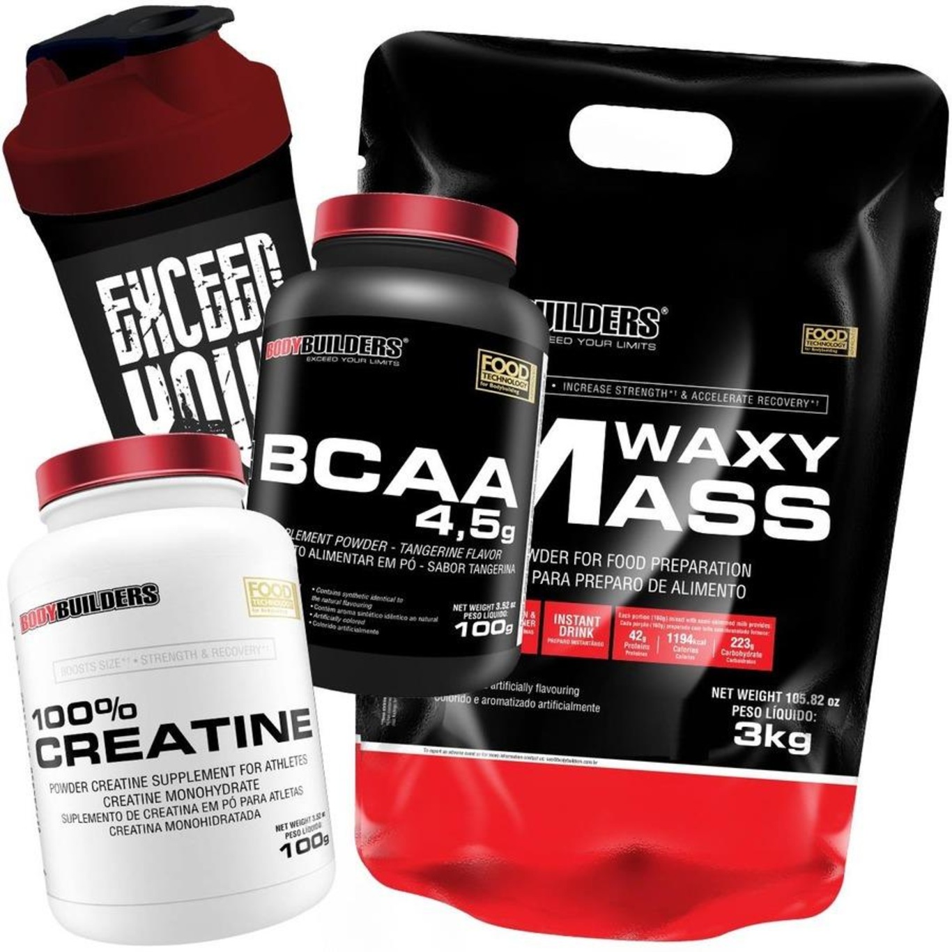 Kit Waxy Mass Bodybuilders Morango - 3kg  + BCAA+ Creatina 100g + Coqueteleira - Foto 1