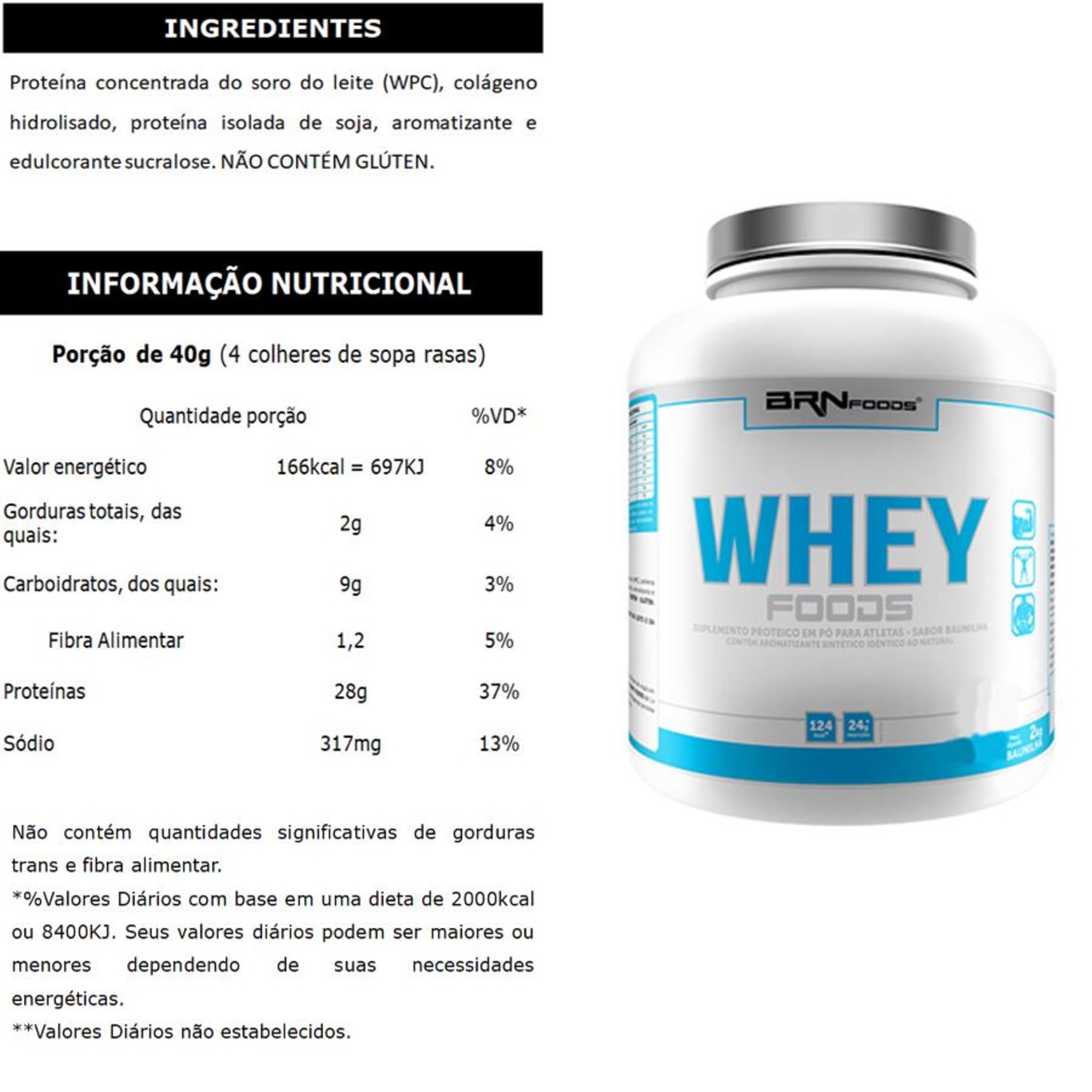 Kit Whey Protein BRN Foods Baunilha -2Kg + Creatina 100g + BCAA 100g + Coqueteleira - Foto 2