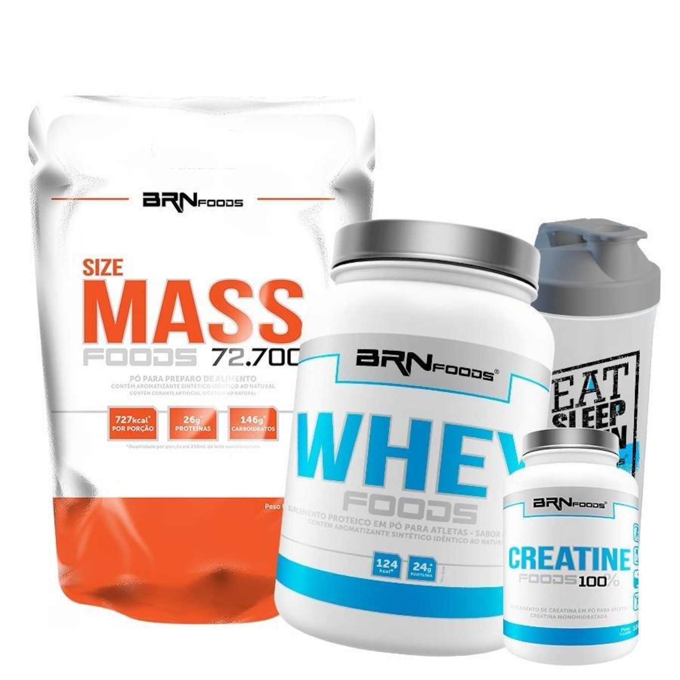 Kit Size Mass BRN Foods - 3Kg + Whey Protein - Morango - 900g + Creatina - 100g + Coqueteleira - Foto 1