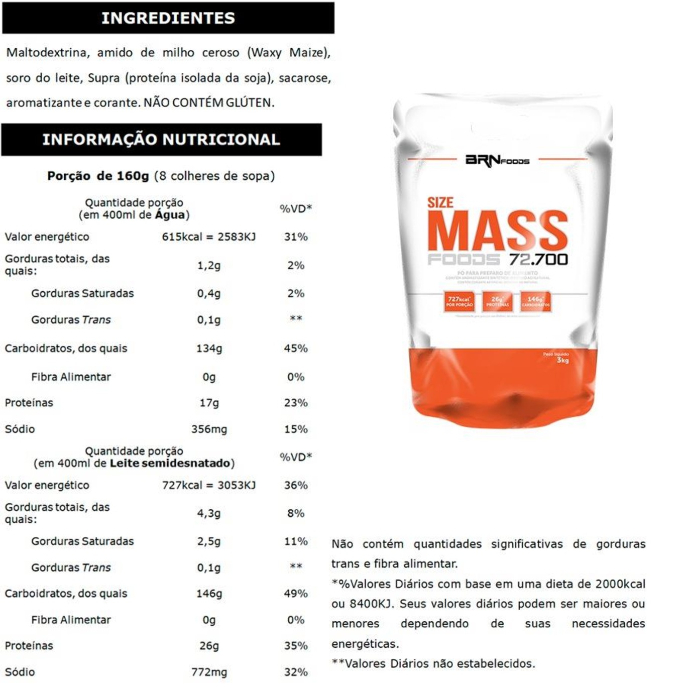 Kit Size Mass BRN Foods - 3Kg + Whey Protein - Morango - 900g + Creatina - 100g + Coqueteleira - Foto 2