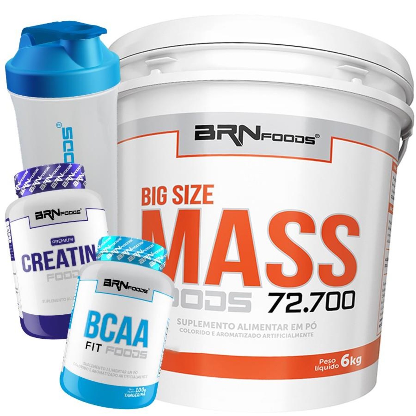 Kit Hipercalórico Big Size Mass 6kg Chocolate + BCAA 100g + Creatina 100g + Coqueteleira - BRN Foods - Foto 1