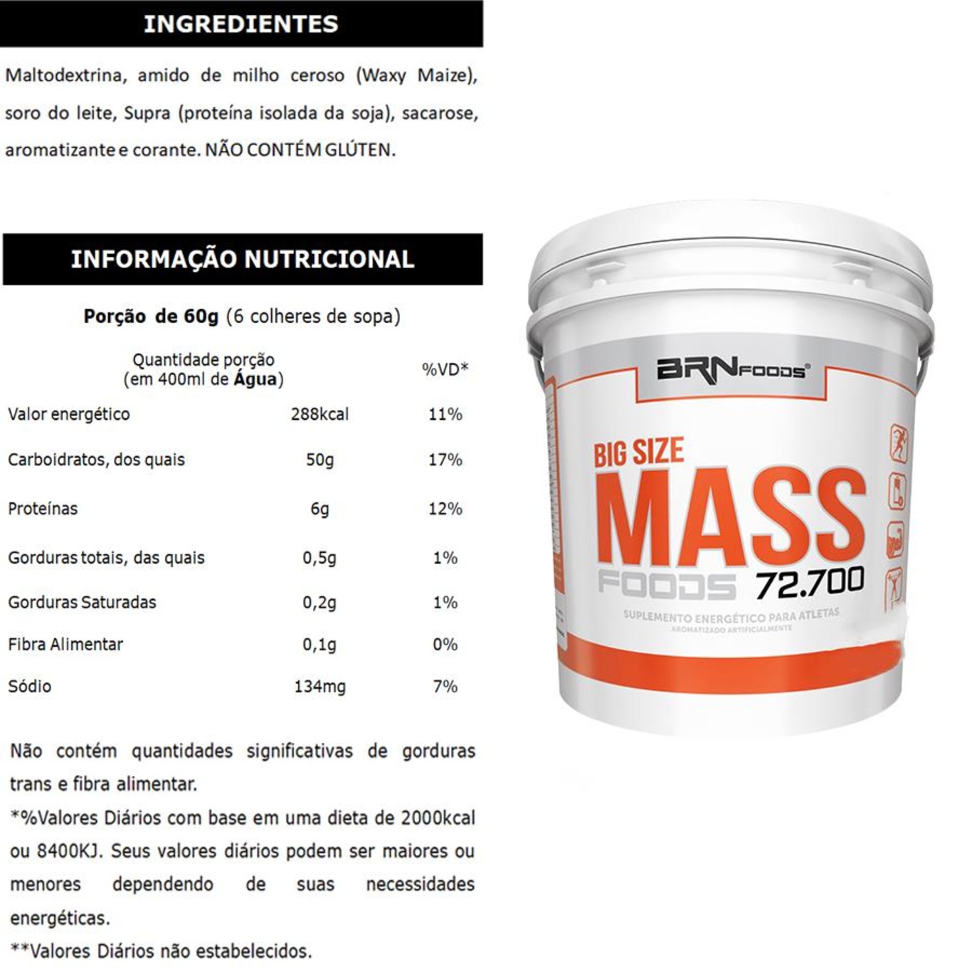 Kit Hipercalórico Big Size Mass 6kg Chocolate + BCAA 100g + Creatina 100g + Coqueteleira - BRN Foods - Foto 2