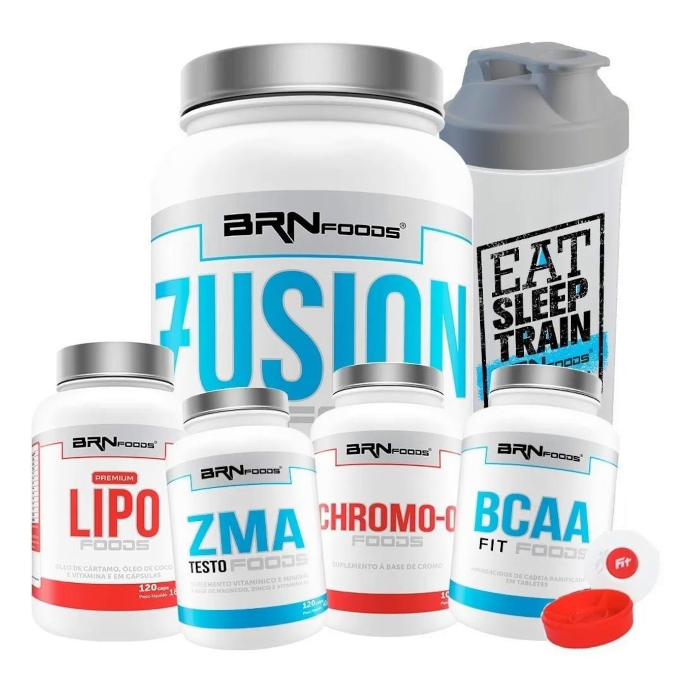 Kit Whey Fusion Protein BRN Foods - Chocolate - 900g + BCAA + Chromo-Q + ZMA + Porta Cápsulas - Foto 1