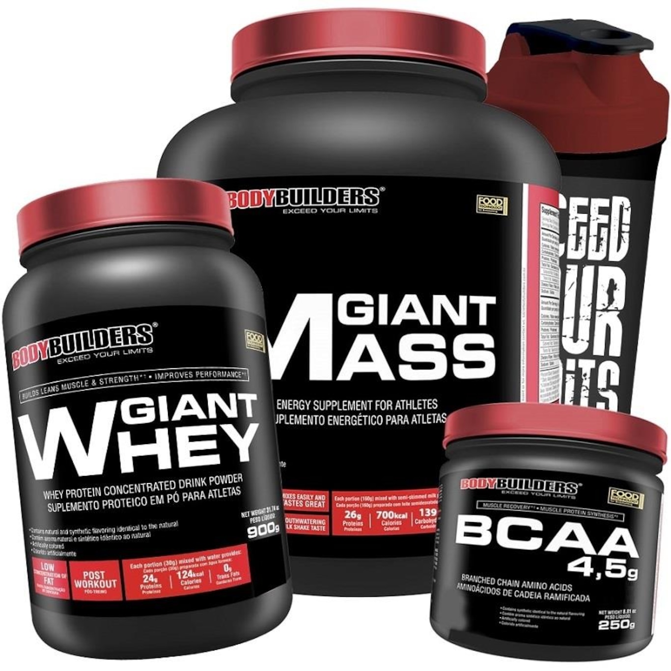 Kit Giant Mass Bodybuilders - Morango - 3Kg + Giant Whey - 900g + BCAA 4.5g - Uva - 250g + Coqueteleira - Foto 1