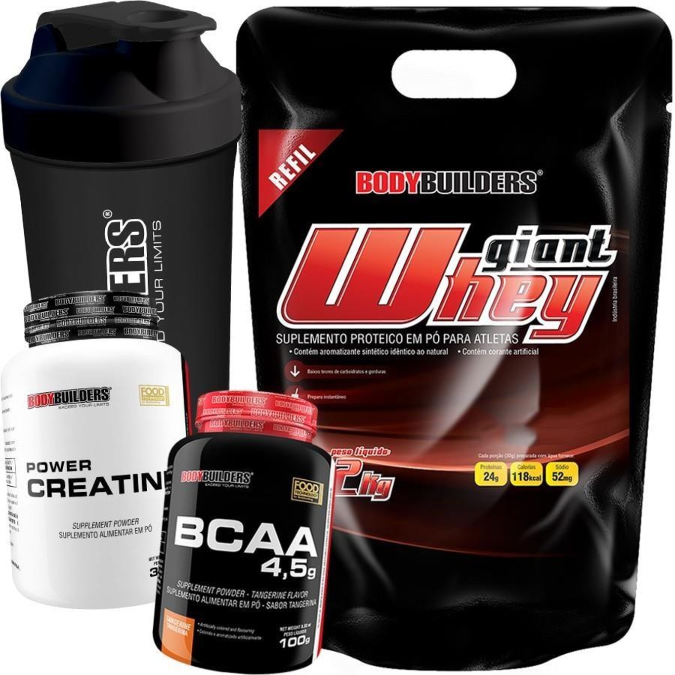 Kit Giant Whey Protein Bodybuilders - Morango - Refil - 2kg + BCAA 100g + Creatina 300g + Coqueteleira - Foto 1