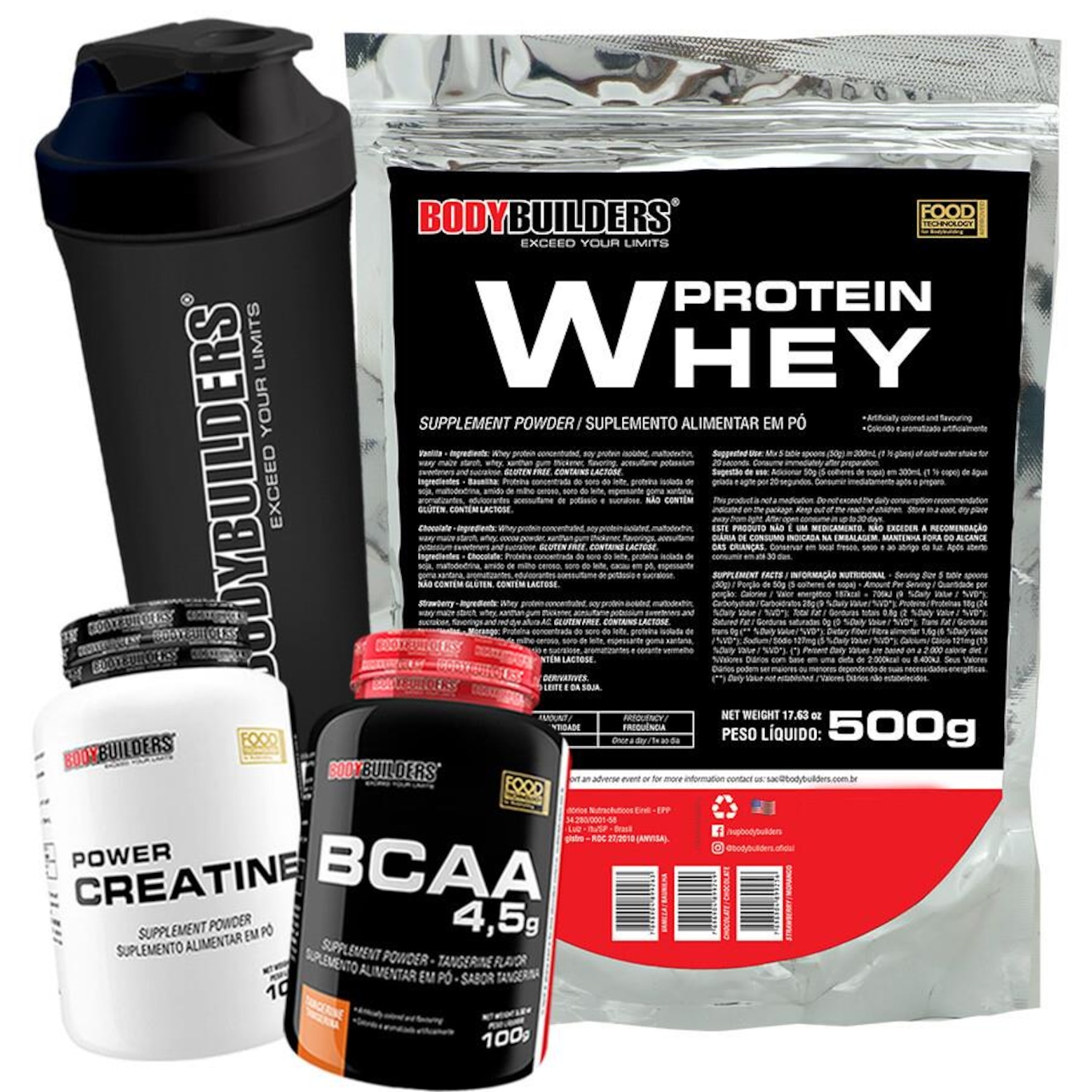 Kit Whey 500g Bodybuilders Morango + BCAA + Creatina 100g + Coqueteleira - Foto 1