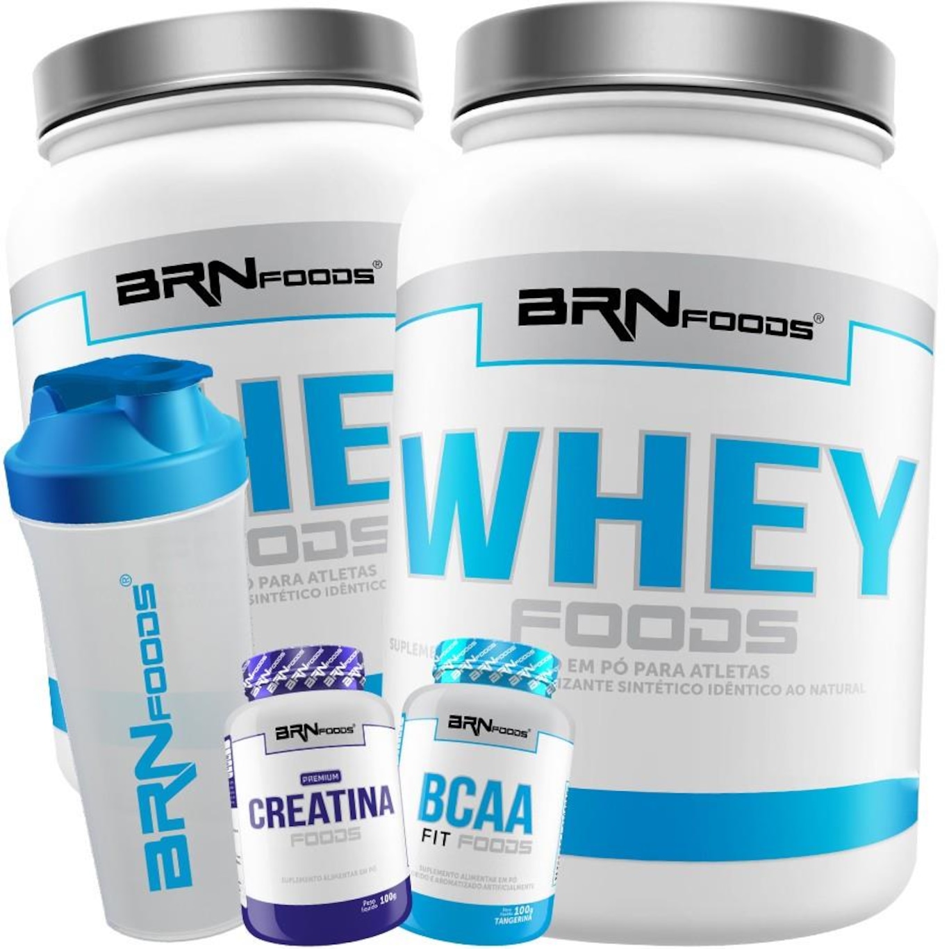 WhKit 2x Whey Protein BRN Foods - Chocolate - 900g + BCAA 100g + Creatina 100g + Coqueteleira - Foto 1