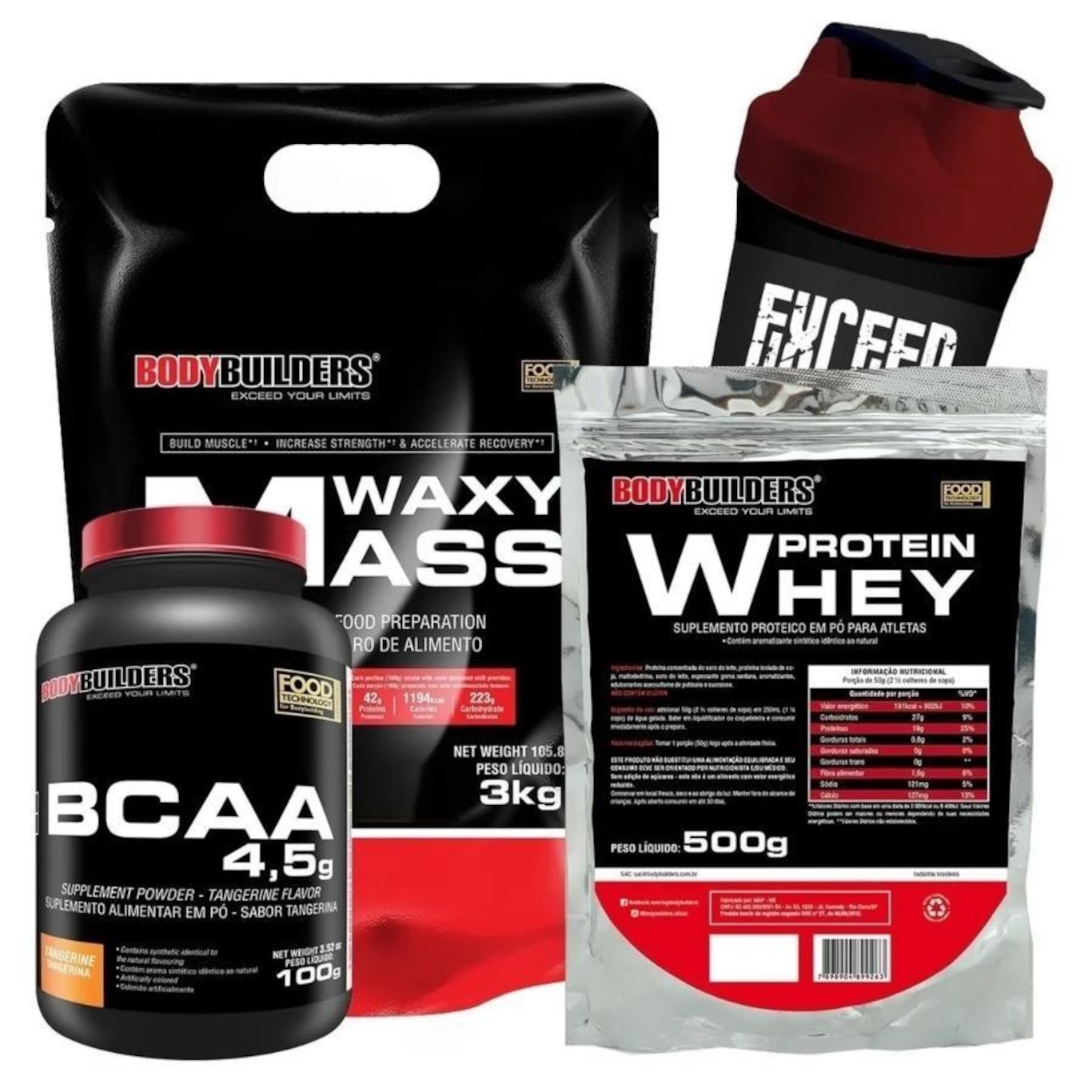 Kit Waxy Mass Bodybuilders Chocolate - 3kg  + Whey Protein 500g Chocolate + BCAA + Coqueteleira - Foto 1