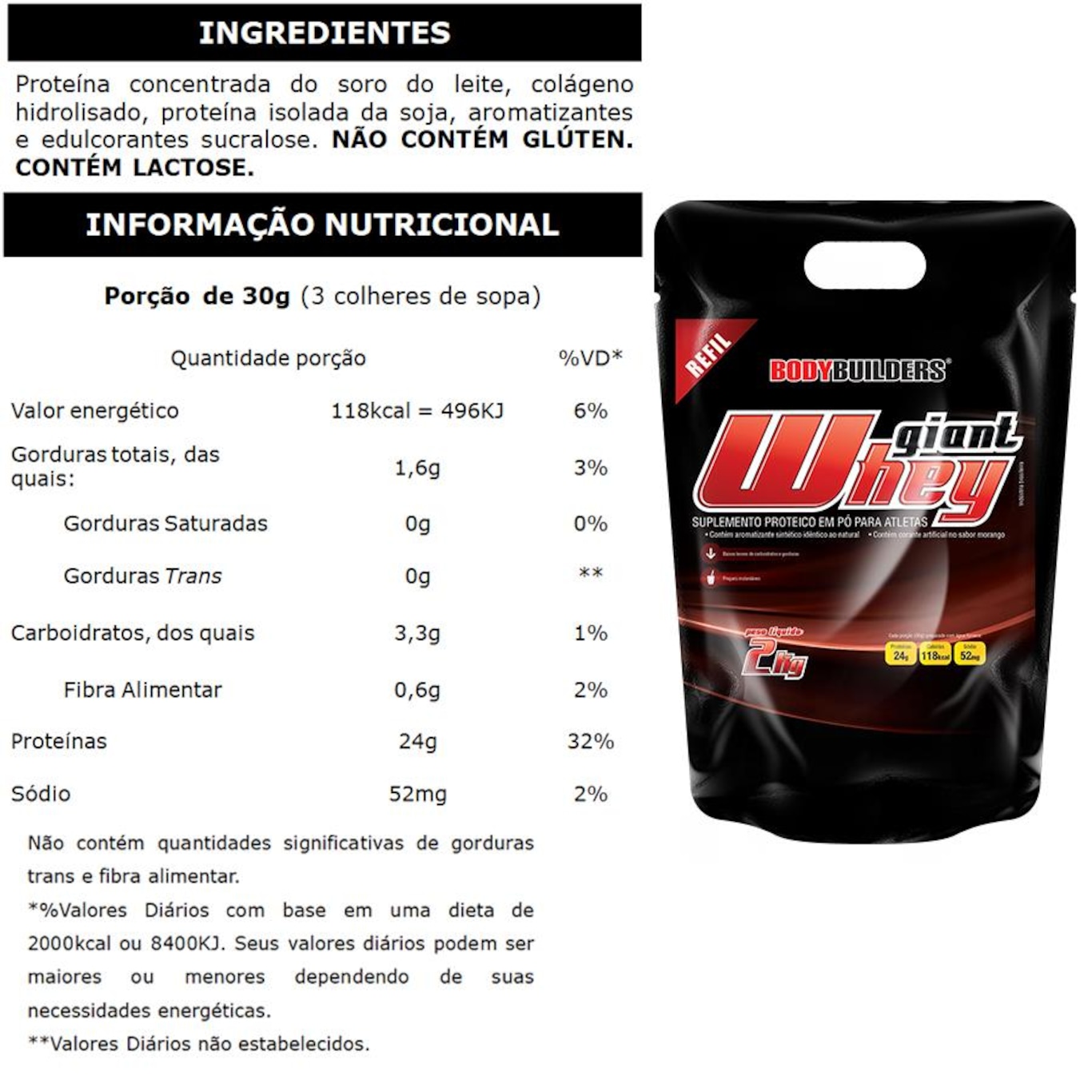 Giant Whey Protein Bodybuilders Refil - Morango - 2Kg + Giant Whey Protein - 900g - Foto 3