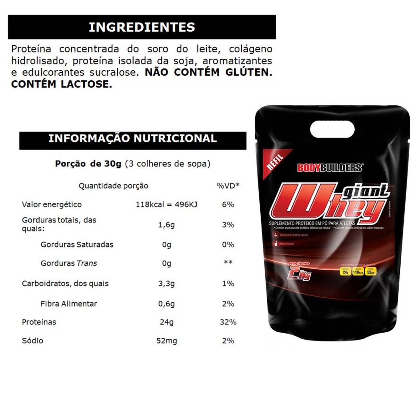 Giant Whey Protein Bodybuilders Refil - Morango - 2Kg + Giant Whey Protein - 900g - Foto 5