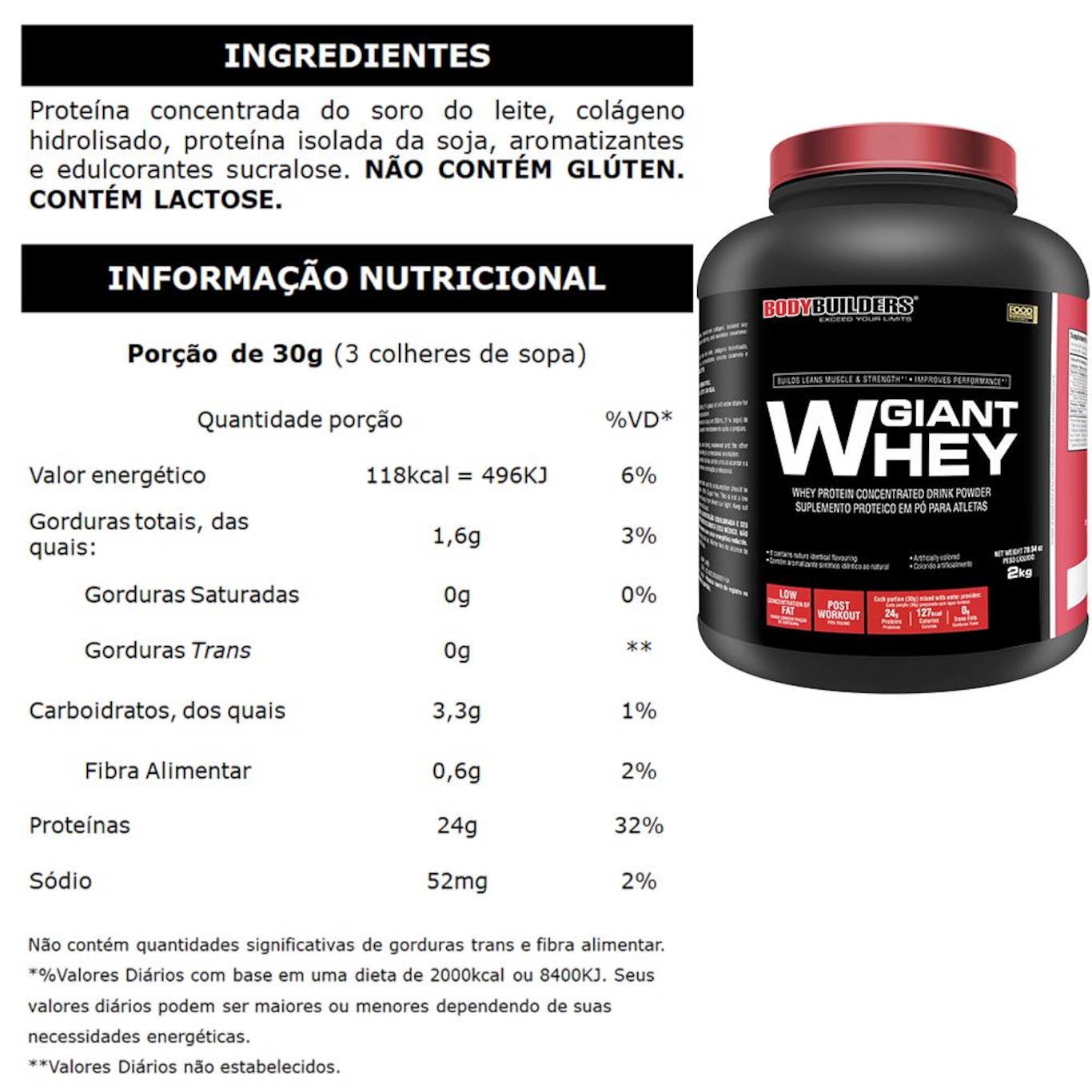 Giant Whey Protein Bodybuilders - Morango - 2Kg - Foto 2