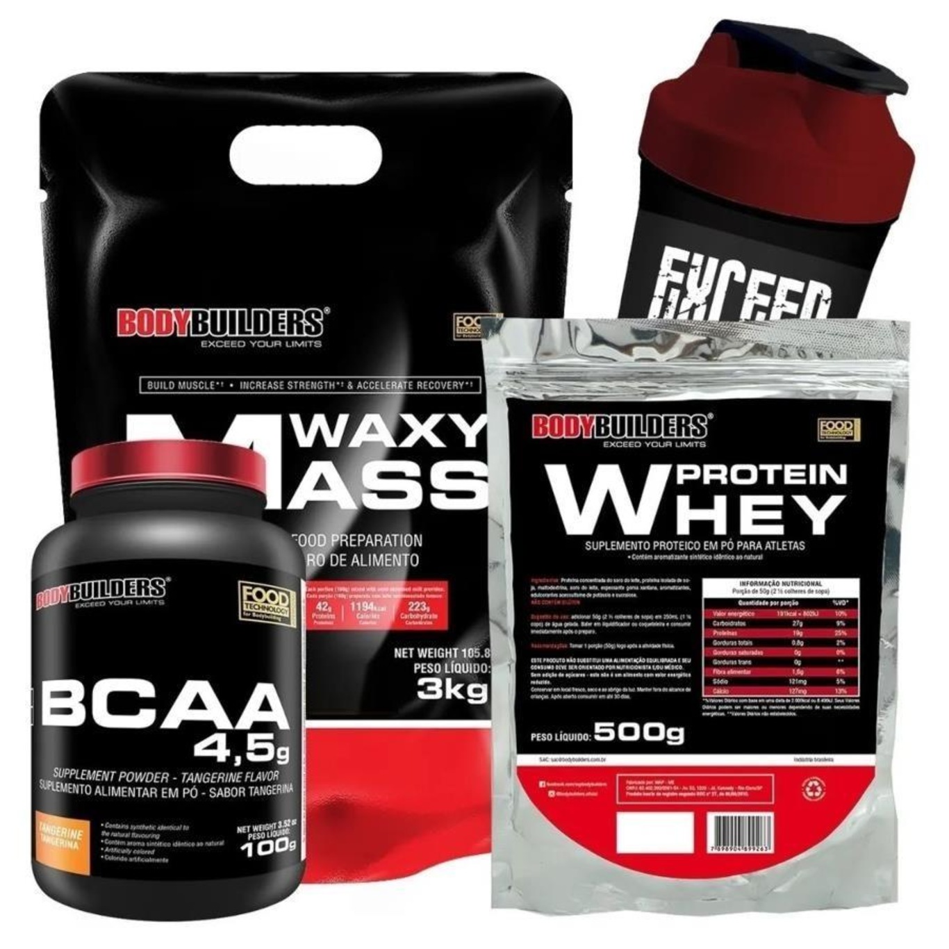 Kit Waxy Mass Bodybuilders - Morango - 3kg + Whey Protein - Morango - 500g  + BCAA + Coqueteleira - Foto 1