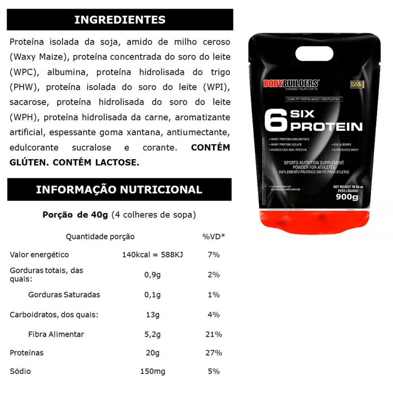 Whey Protein Bodybuilders - Chocolate - 6 Six Protein - 900g - Foto 2