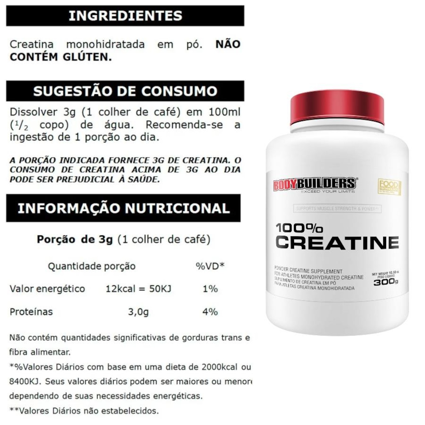 100% Creatina Bodybuilders - 300g - Foto 2