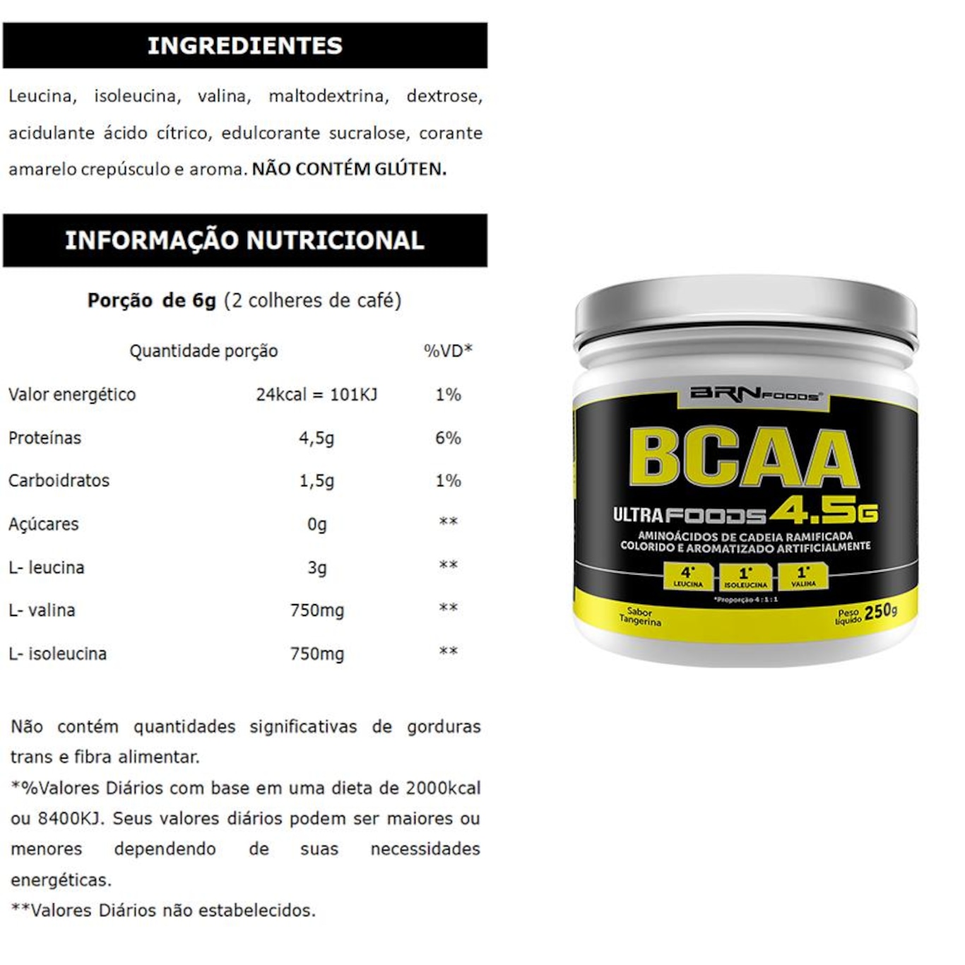 BCAA 4:1:1 BRN Foods Ultrafoods - Tangerina - 250g - Foto 2