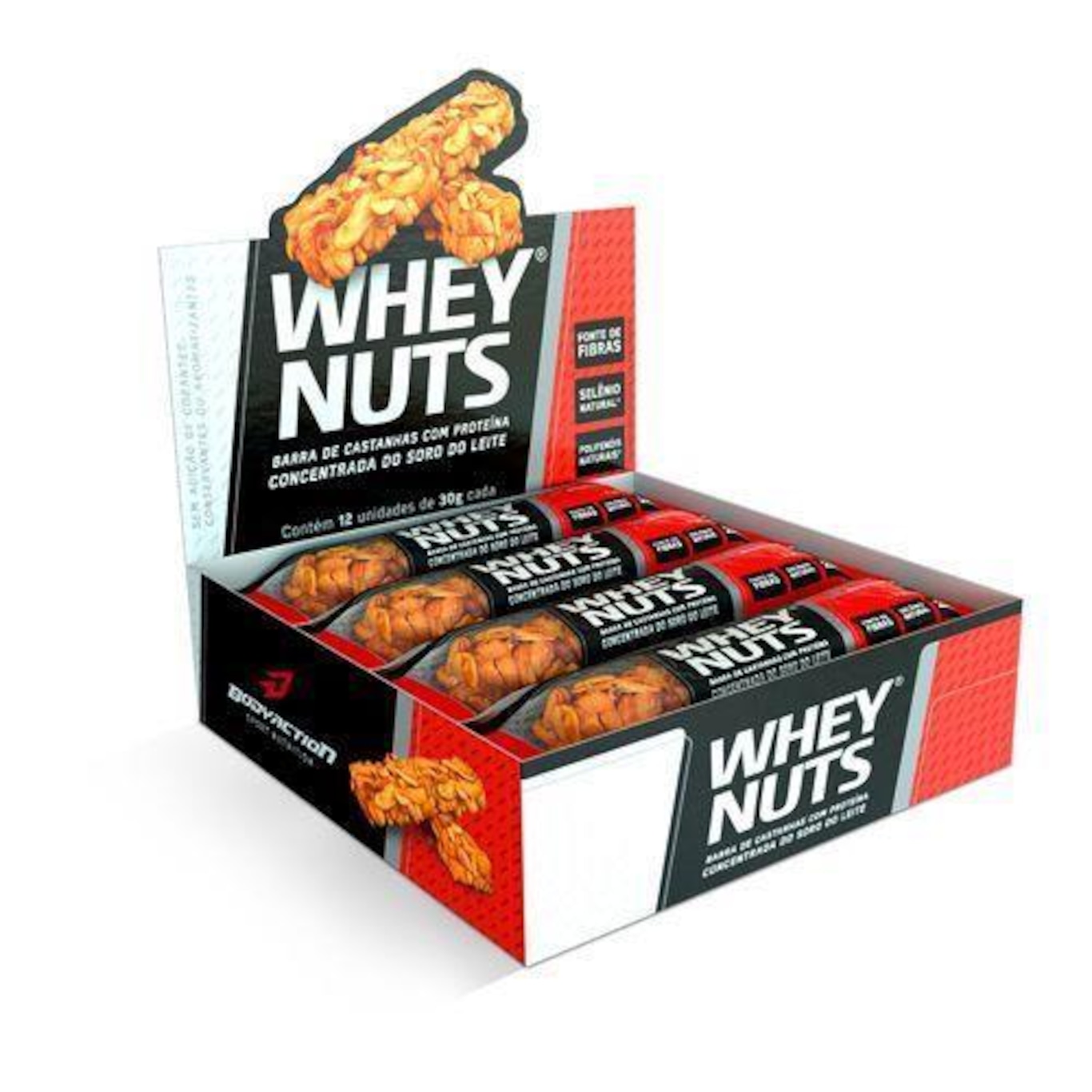 Barra de Castanhas BodyAction Whey Nuts - 5 Caixas de 12 Unidades 30g - Foto 1