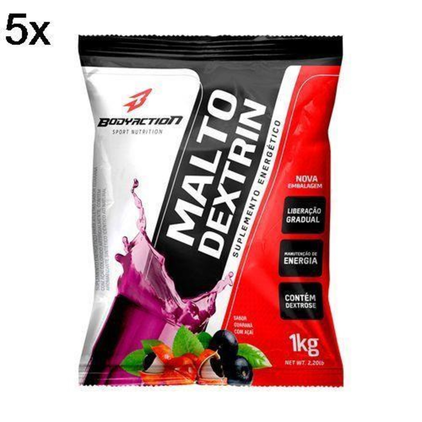 Malto Dextrin BodyAction Refil - Guarana com Açaí - 1Kg - 5 Pacotes - Foto 4