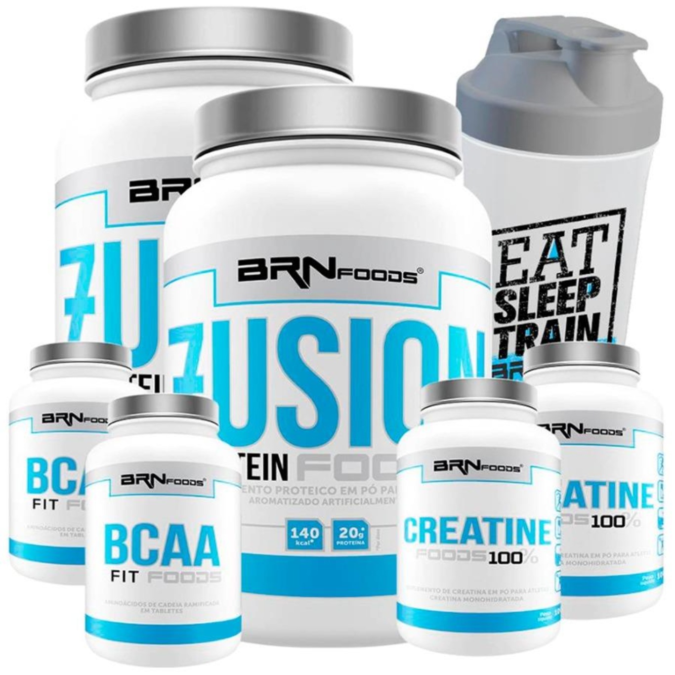 Kit 2x Whey Protein BRN Foods 900g Baunilha + 2x Bcaa 100g + 2x Creatina 100g + Coqueteleira - Foto 1