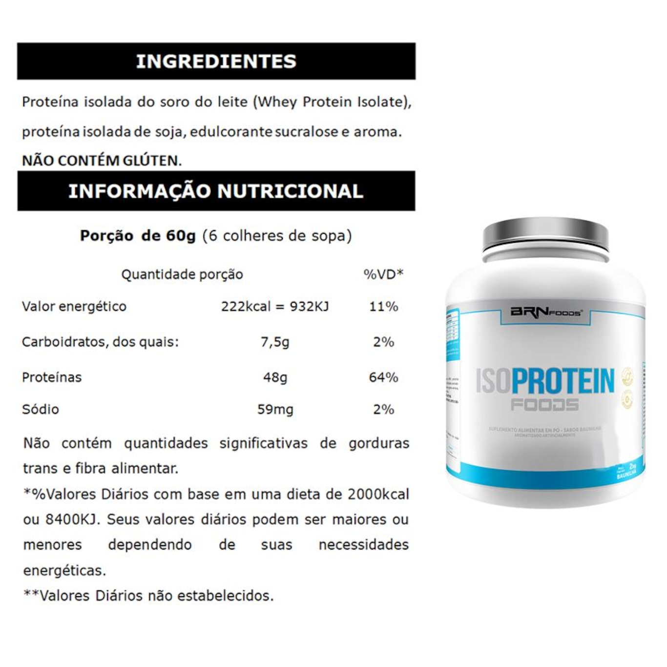 Kit BRN Foods: Whey Protein Iso - Baunilha - 2kg - 2 Unidades - Foto 3