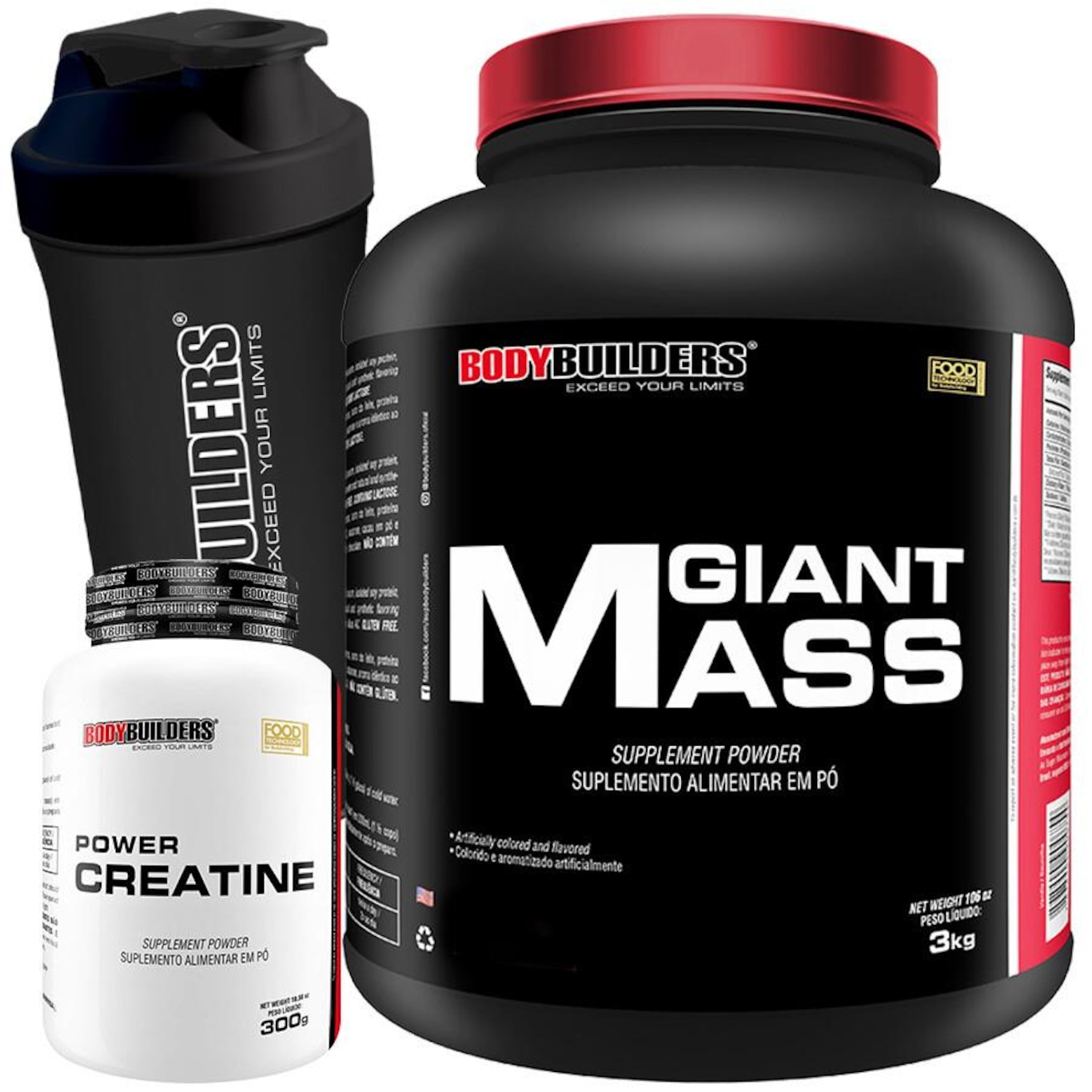 Kit Para Força: Hipercalórico Giant Mass Bodybuilders Chocolate 3kg + Creatina + Coqueteleira - Foto 1