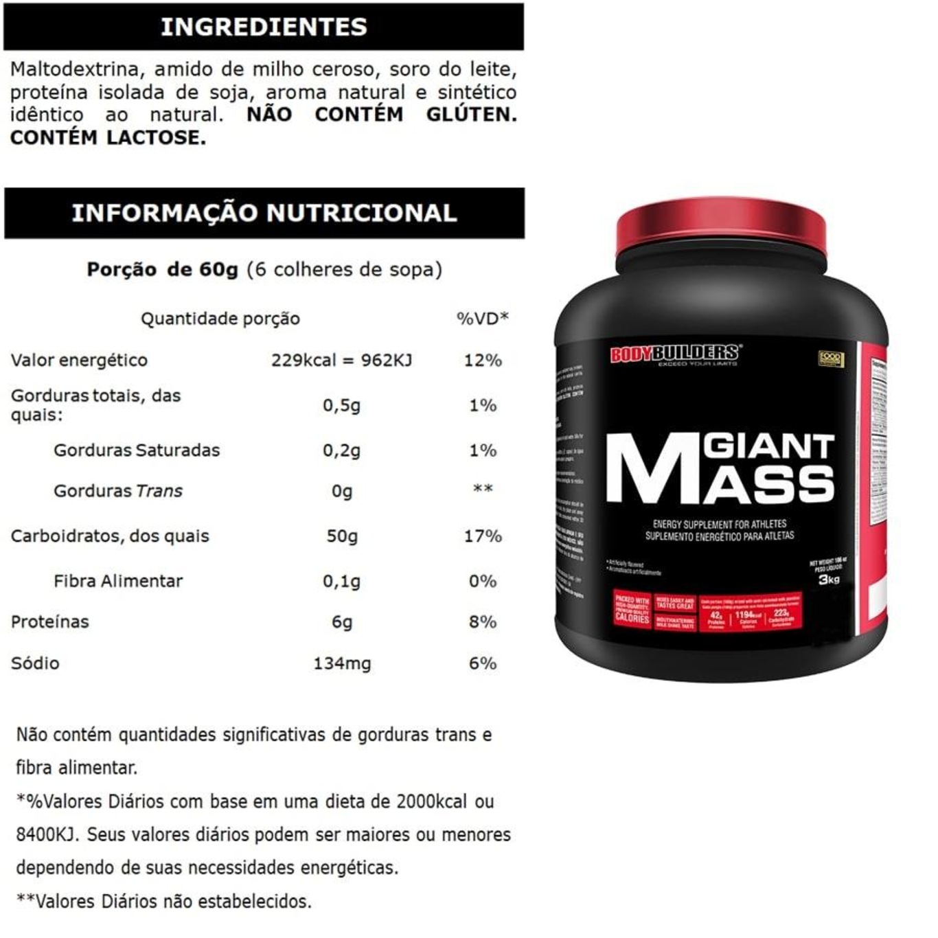 Kit Para Força: Hipercalórico Giant Mass Bodybuilders Chocolate 3kg + Creatina + Coqueteleira - Foto 2