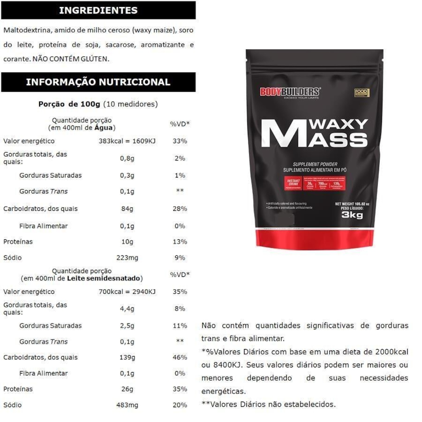 Kit Hipercalórico Bodybuilders Waxy Mass - Baunilha - 3kg - 3 Unidades - Foto 2