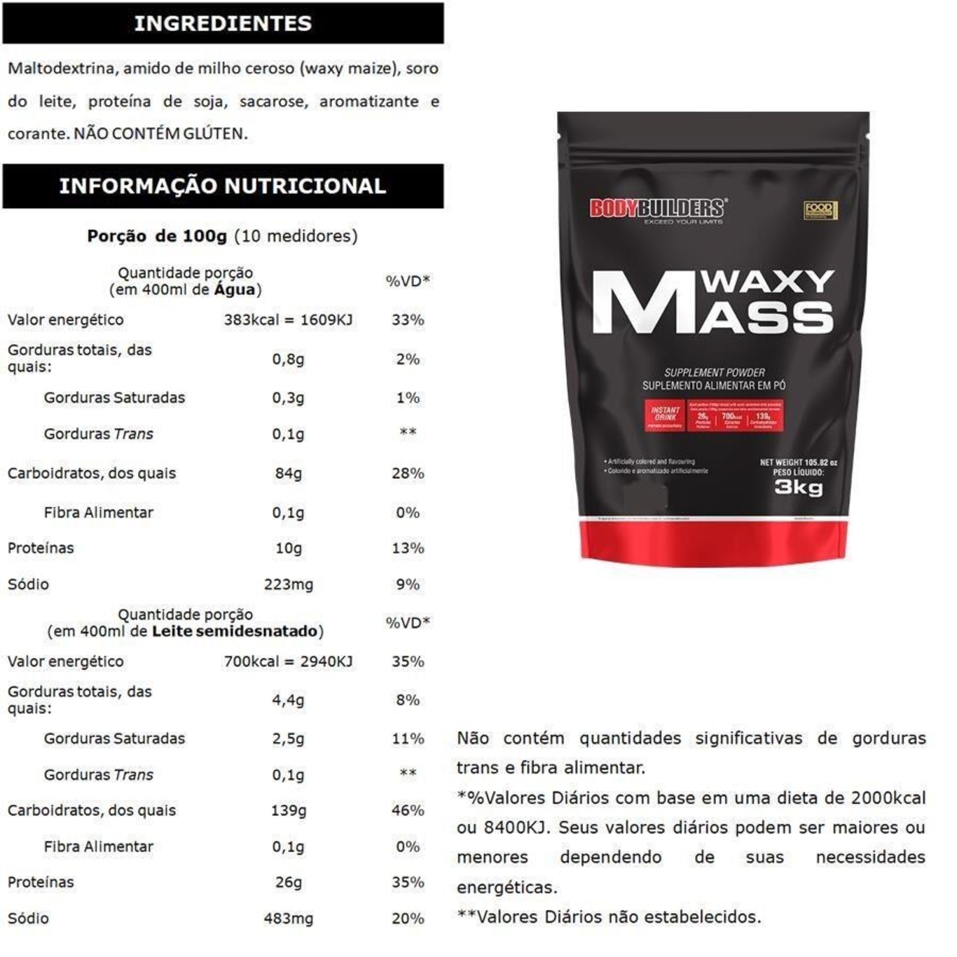 Kit Hipercalórico Bodybuilders Waxy Mass - Morango - 3Kg - 3 Unidades - Foto 2