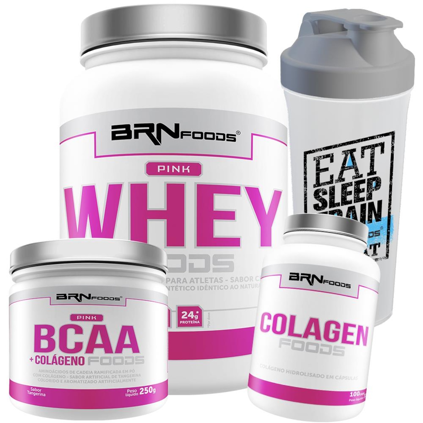 Kit Whey Protein BRN Foods - Morango - 900g + BCAA + Colágeno + Coqueteleira - Foto 1