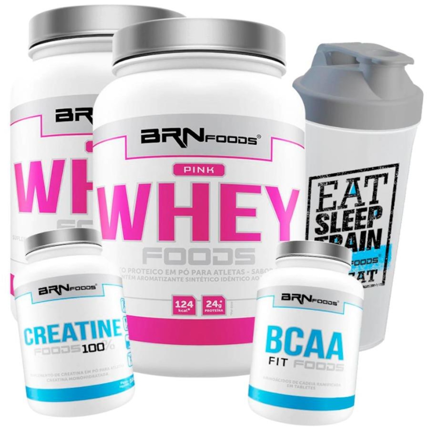 Kit 2x Pink Whey Protein BRN Foods 900g Chocolate + Bcaa 100g + Creatina 100g + Coqueteleira - Foto 1