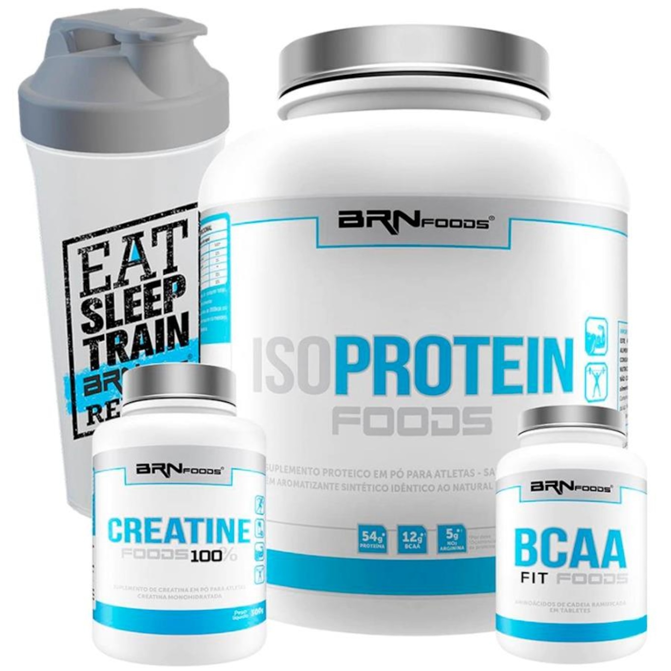 Kit Whey Protein Isolado 2kg Baunilha + Creatina 300g + Bcaa 100g + Coqueteleira - BRN Foods - Foto 1