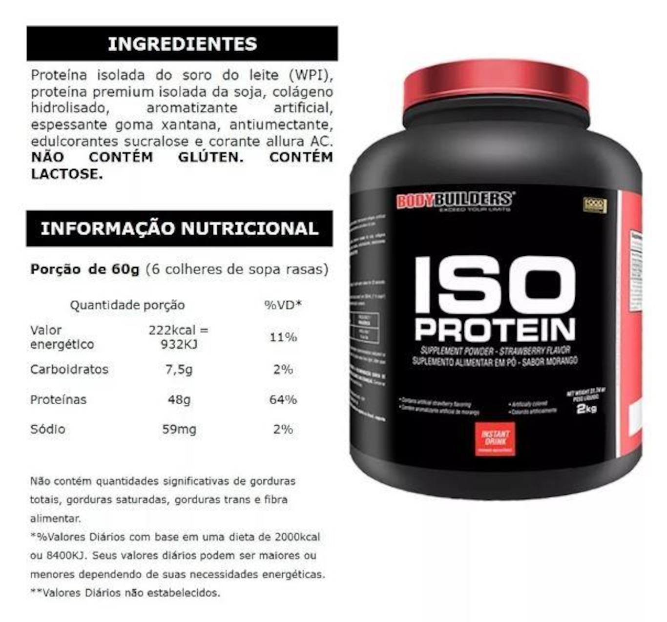 Whey Protein Isolado Bodybuilder - Morango - 2Kg + Coqueteleira - Foto 3