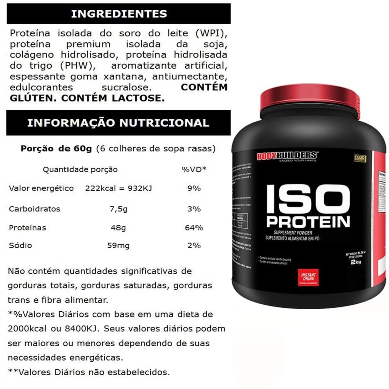 Kit Whey Isolado Bodybuilders - Baunilha - 2kg + Creatina + BCAA + Coqueteleira - Foto 2