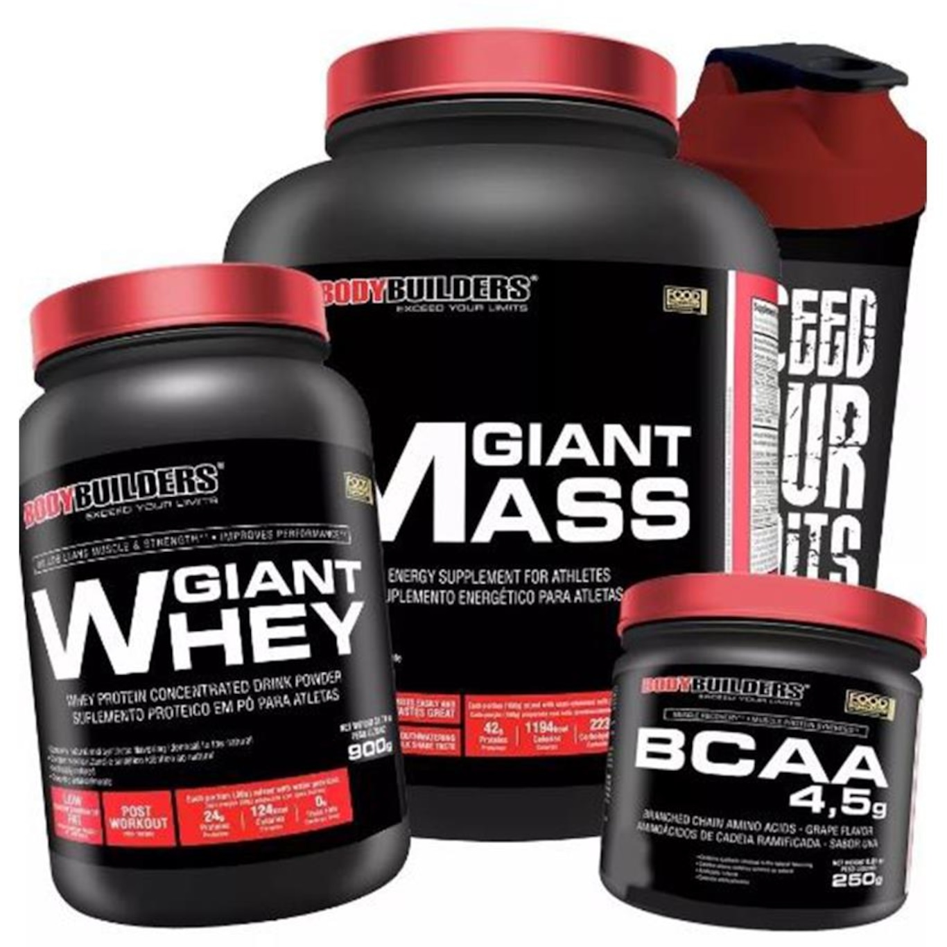 Kit Giant Mass Bodybuilders - 3kg + Giant Whey + Bcaa 4.5 Powder + Coqueteleira - Foto 1